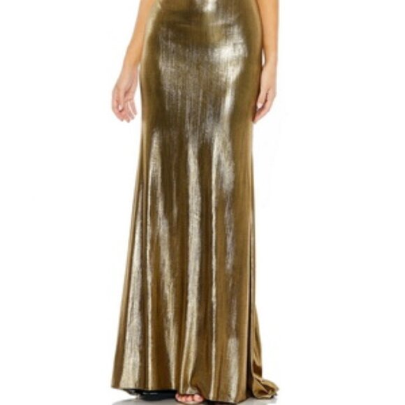 Ieena Mac Duggal Antique Gold Metallic Corset Back Column Gown - Picture 2 of 4